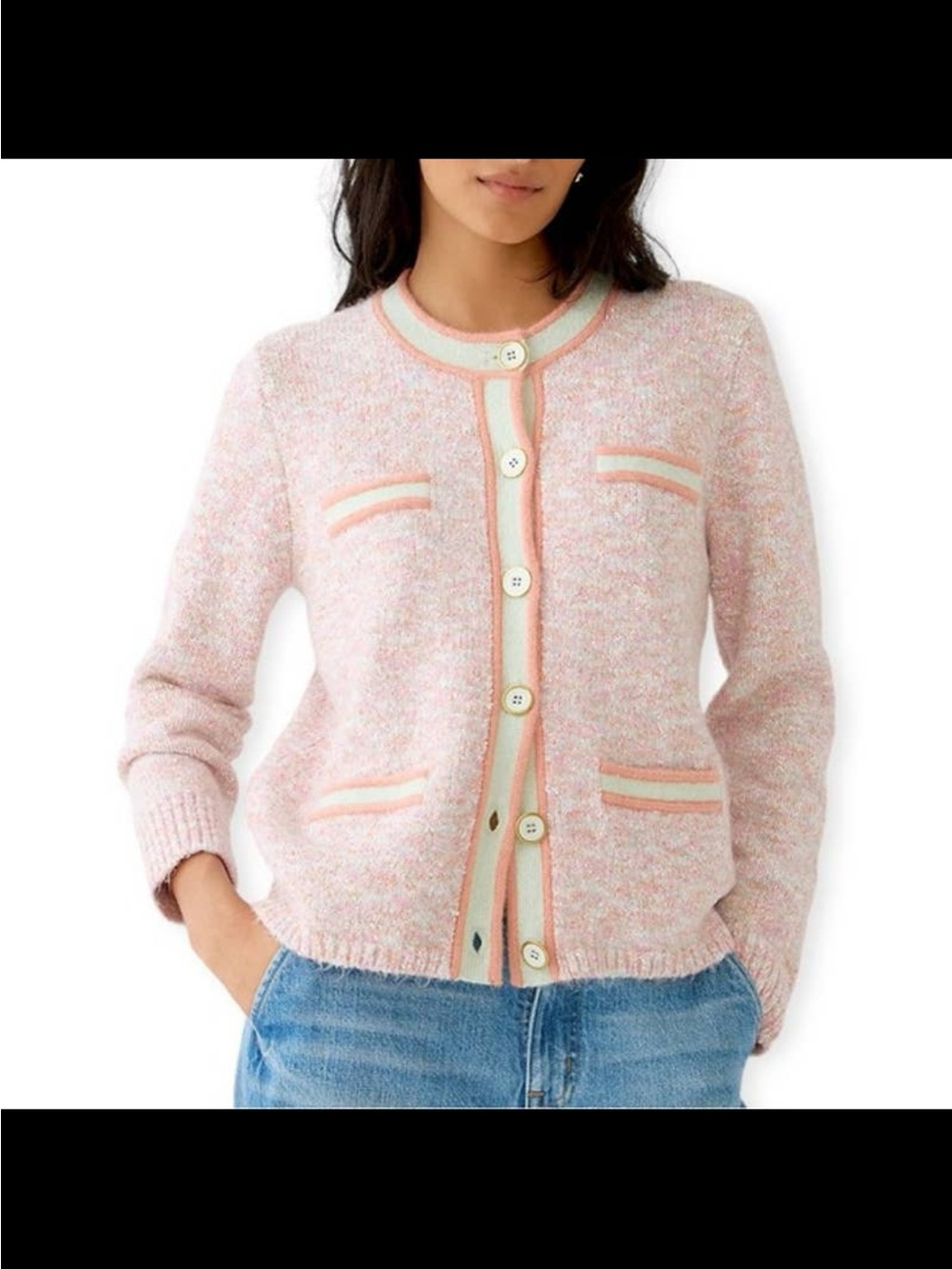 J. Crew Pastel Pink Bouclé Button-Front Cardigan with Contrast Trim